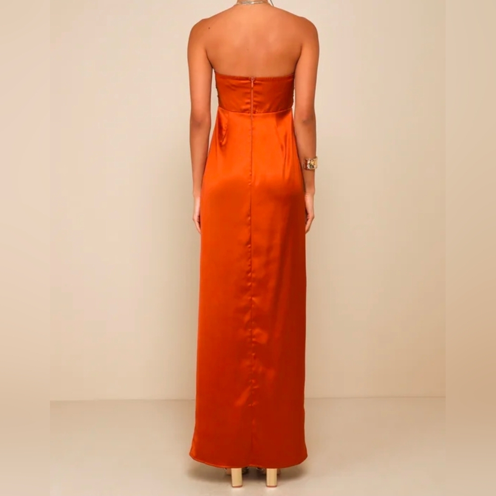 Lulus 2X Memorable Entrance Rust Orange Strapless Satin Maxi Dress, Size 2X - Picture 7 of 11
